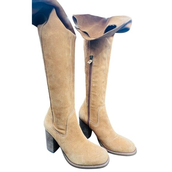 🤎 KDB Tan Suede Knee High Boots 7.5 Block Heel Western Fall Tall Zip Softcore - Picture 2 of 8
